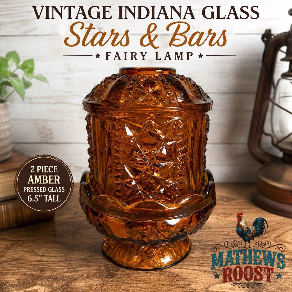 Vintage Indiana Glass Amber Stars & Bars Fairy Lamp 2 Piece 6.5”